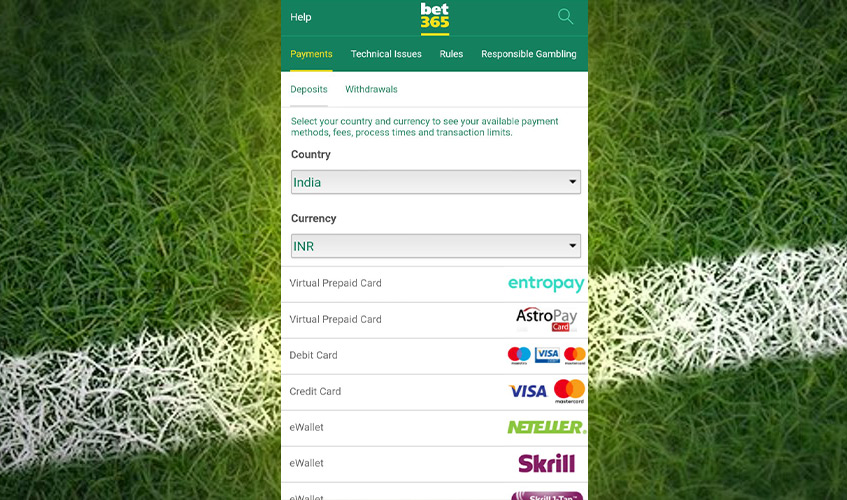 Deposit methods at bet365